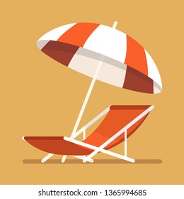 Vacation and travel banner. Beach umbrella, beach chair. Vector illustration.