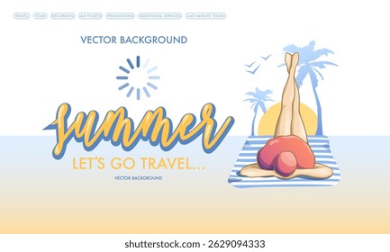vacation or travel banner, loading icon summer, girl on beach in red hat, palm trees and sun, lets go travel , 