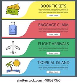 Vacation and travel banner templates set. Easy to edit. Tickets, suitcase on wheels, airplane flight, tropical island. Website menu items. Color web banner. Vector headers design concepts