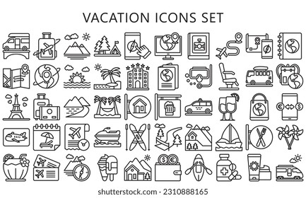 conjunto de iconos de contorno negro de vacaciones y viajes. contener temática veraniega, ticker, avión, playa y más. uso para concepto moderno, kit de interfaz de usuario o UX, web y aplicación. vector EPS 10 listo para convertir a SVG.