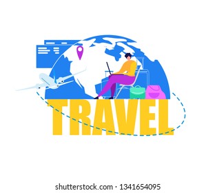 Vacation Travel, Business Trip Planning Flat Vector Concept. Traveling Person Using Laptop, Searching Cheep Flights Online, Booking Airline Ticket in Internet Illustration Isolated on White Background