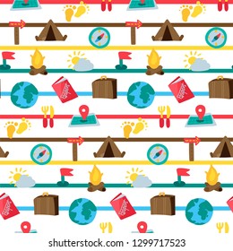 Vacation travel color seamless vector pattern. Tourism. Hiking, camping, journey striped background