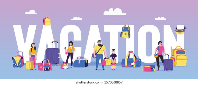 Vacation and travel concept with travel bags types flat vector illustration