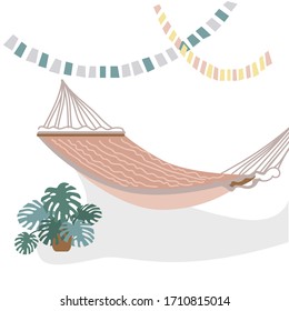 Vacation and travel concept. Beach hammock. Summer interior. Relax.