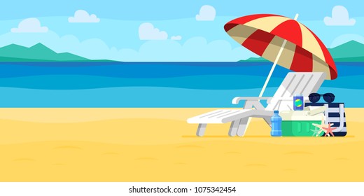 Vacation and travel concept. Beach umbrella, beach chair.