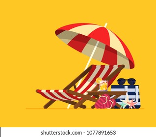 Vacation and travel concept. Beach umbrella, beach chair.