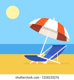 Vacation and travel concept. Beach umbrella, beach chair. Vector illustration.
