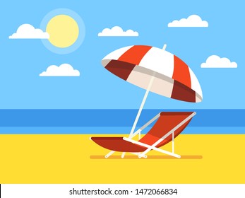 Vacation and travel concept. Beach umbrella, beach chair. Vector illustration.