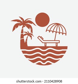 Vacation and travel concept. Beach umbrella, beach chair, plum tree