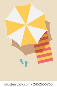 Vacation and travel concept. Beach umbrella, beach towel, sandals. vector illustration.