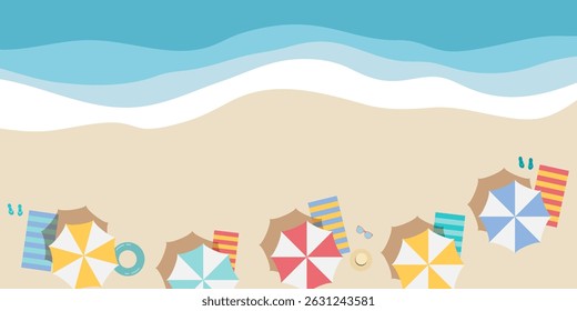 Vacation and travel concept. Beach umbrella, beach towel, sandals, sunglasses. Summer vector illustration.