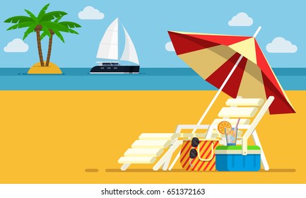 Vacation and travel concept. Beach umbrella, beach chair. Background of the sea with the ship