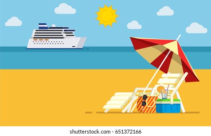 Vacation and travel concept. Beach umbrella, beach chair. Background of the sea with the ship