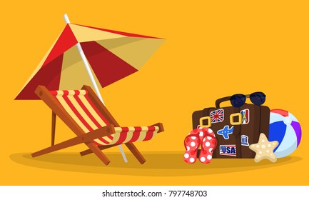 Vacation and travel concept. Beach umbrella, beach chair.