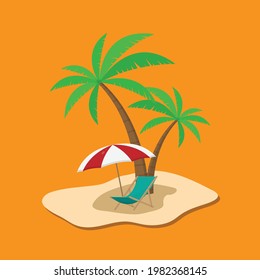 
Vacation and travel concept. Beach umbrellas, beach chairs and coconut trees. Flat vector design isolated on orange background.