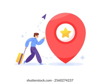 vacation and travel concept. travel plan. going to favorite destination. illustration of a man carrying a suitcase and walking to vacation spot. smartphone showing customer location. flat style design