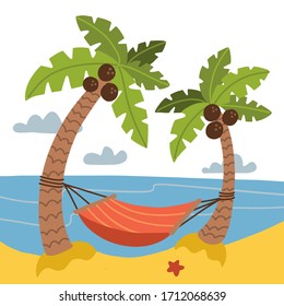 Vacation and travel concept. Red Hammock between palm trees on Background of the sea. sand beach landscape. Cartoon flat vector stock illustration.