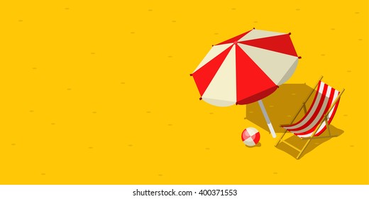 Vacation And Travel Concept. Umbrella, Beach Chair And A Ball On The Beach. Flat Style Vector Illustration