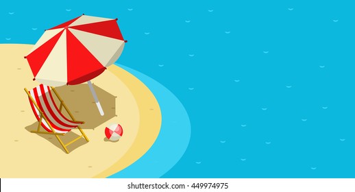 Vacation and travel concept. Umbrella, beach chair and a ball on the beach. Flat style vector illustration