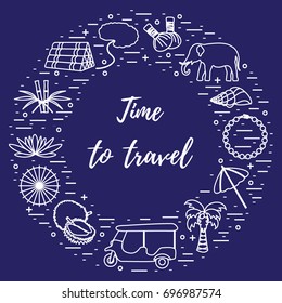 Vacation and travel elements arranged in a circle. Elephant, bamboo, shell, palm tree, tuk-tuk, durian, pearl necklace and other.