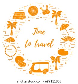 Vacation and travel elements arranged in a circle. Umbrella, shell, palm tree, lily, durian, pearl necklace, herbal pouches for massage, pillow. 