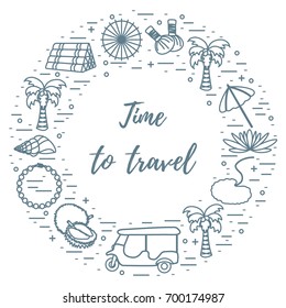 Vacation and travel elements arranged in a circle. Umbrella, shell, palm tree, lily, tuk-tuk, durian, pearl necklace, herbal pouches for massage, pillow. 