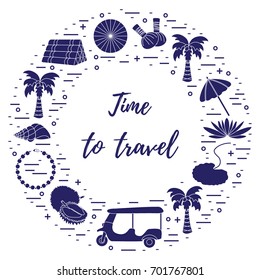 Vacation and travel elements arranged in a circle. Umbrella, shell, palm tree, lily, tuk-tuk, durian, pearl necklace, herbal pouches for massage, pillow. 