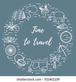 Vacation and travel elements arranged in a circle. Elephant, bamboo, shell, palm tree, tuk-tuk, durian, pearl necklace and other.