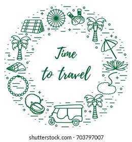 Vacation and travel elements arranged in a circle. Umbrella, shell, palm tree, lily, tuk-tuk, durian, pearl necklace, herbal pouches for massage, pillow. 