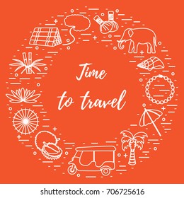 Vacation and travel elements arranged in a circle. Elephant, bamboo, shell, palm tree, tuk-tuk, durian, pearl necklace and other.