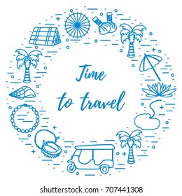 Vacation and travel elements arranged in a circle. Umbrella, shell, palm tree, lily, tuk-tuk, durian, pearl necklace, herbal pouches for massage, pillow. 