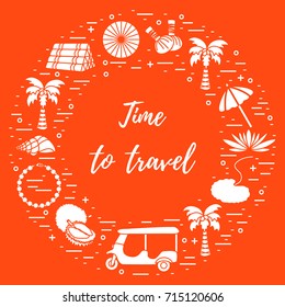 Vacation and travel elements arranged in a circle. Umbrella, shell, palm tree, lily, tuk-tuk, durian, pearl necklace, herbal pouches for massage, pillow. 