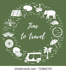 Vacation and travel elements arranged in a circle. Elephant, bamboo, shell, palm tree, tuk-tuk, durian, pearl necklace and other.