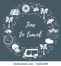 Vacation and travel elements arranged in a circle. Umbrella, shell, palm tree, lily, tuk-tuk, durian, pearl necklace, herbal pouches for massage, pillow. 