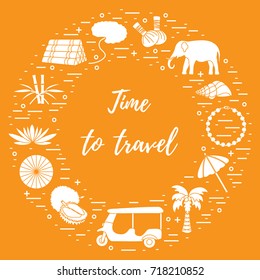 Vacation and travel elements arranged in a circle. Elephant, bamboo, shell, palm tree, tuk-tuk, durian, pearl necklace and other.