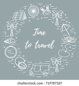 Vacation and travel elements arranged in a circle. Umbrella, shell, palm tree, lily, tuk-tuk, durian, pearl necklace, herbal pouches for massage, pillow. 