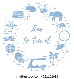 Vacation and travel elements arranged in a circle. Elephant, bamboo, shell, palm tree, tuk-tuk, durian, pearl necklace and other.