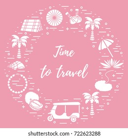 Vacation and travel elements arranged in a circle. Umbrella, shell, palm tree, lily, tuk-tuk, durian, pearl necklace, herbal pouches for massage, pillow. 