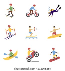 Vacation travel extreme sports icons set of surfing biking rolling and  motorcycling flat vector illustration