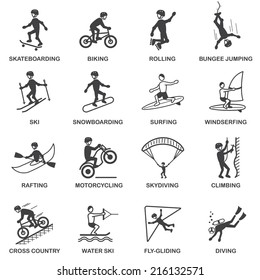 Vacation Travel Extreme Sports Icons Set Of Skateboard Snowboard Skydiving And Bungee Jumping Vector Illustration
