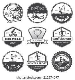 Vacation travel extreme sports labels set of rafting cross country climbing and snowboard vector illustration