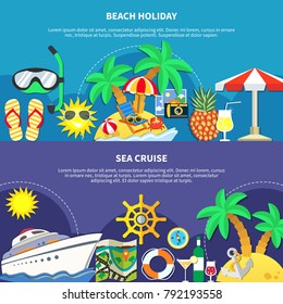 Vacation travel flat banners set with tropical island and ocean liner recreation image compositions and text vector illustration