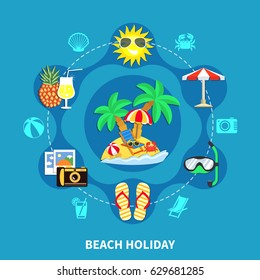 Vacation travel flat composition of beach holiday images with offshore leisure activity equipment symbols and silhouettes vector illustration