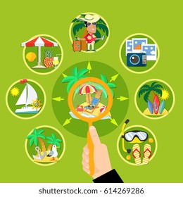 Vacation travel flat composition with human hand holding magnifier lens and tropical activities with touristic symbols vector illustration