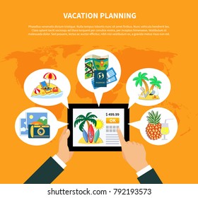 Vacation travel flat conceptual composition with tablet booking application and thought bubbles with touristic stereotype images vector illustration