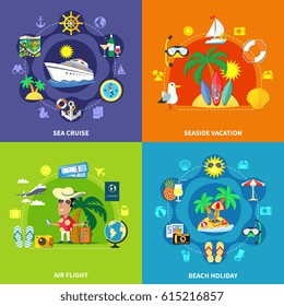 Vacation travel flat design concept with compositions of seaside resort touristic symbols transport and equipment images vector illustration