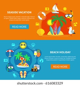 Colección de Anuncios Horizontales de viaje de vacaciones con siluetas de pictogramas de Ocio de playa de verano y leer más Ilustración vectorial de Botón