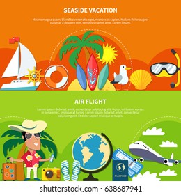 Vacation travel flat horizontal banners with compositions of tourist flying and offshore images with editable text vector illustration