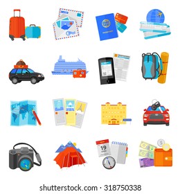 Vacation travel flat icons collection  with ocean liner cruise pictures and flight tickets abstract isolated vector illustration