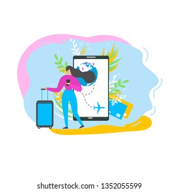 Vacation Travel Flat Vector Concept Isolated on White Background. Traveling Woman Searching Flight Schedules, Planing Travel, Booking Flight Tickets with Mobile Application on Cellphone Illustration